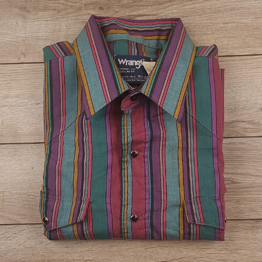 WRANGLER Multicolor Abstract Striped Sz 16.5-35 Snap Western Long Sleeve Shirt